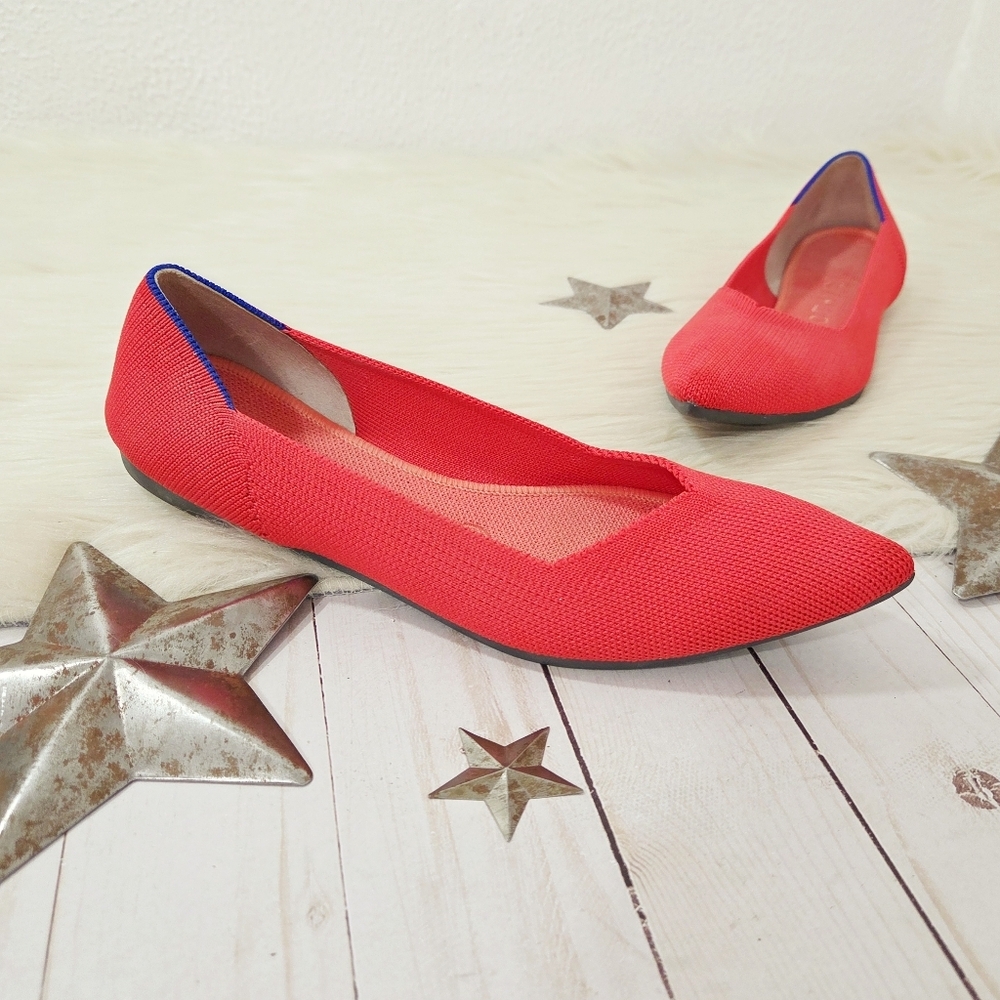 Rothy's The Point Ballet Flats Papaya Bright Red Knit Pointed Toe Women's Sz 7.5